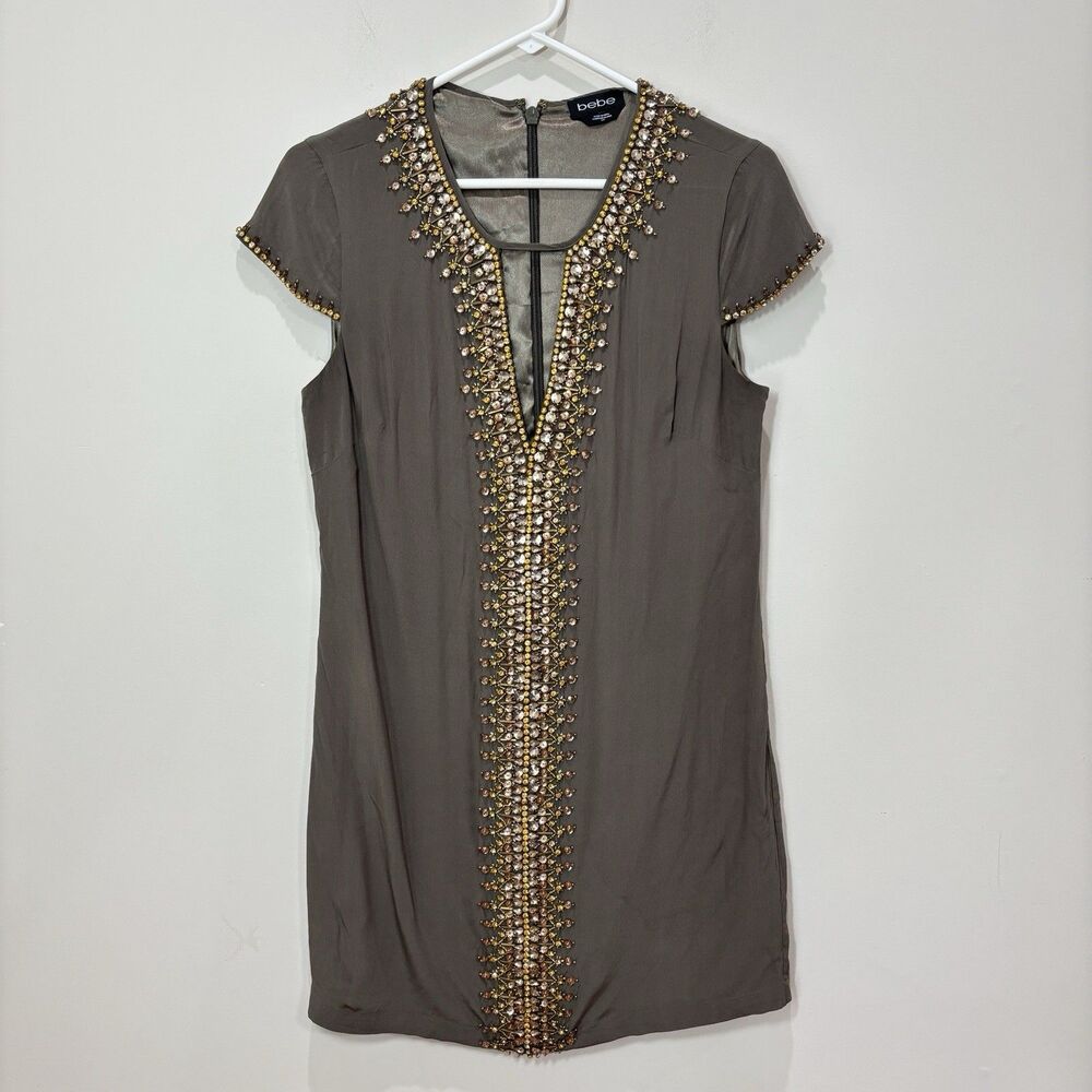 BEBE Y2K 100% Silk Cocktail Mini Dress S Olive Green Sequin Crystal Jewel 90s